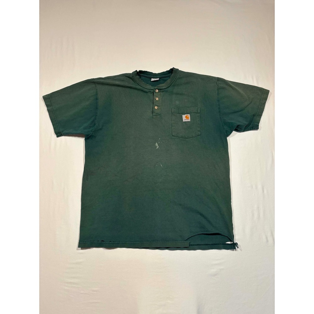 Vintage Carhartt Henley Shirt Mens LG Green Distressed‎ Short Sleeve Pocket Tee